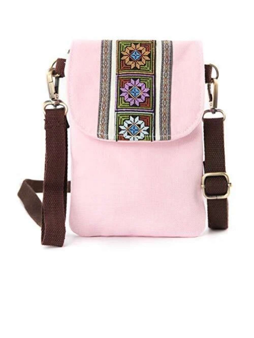 Boho Embroidered Pink Crossbody Bag